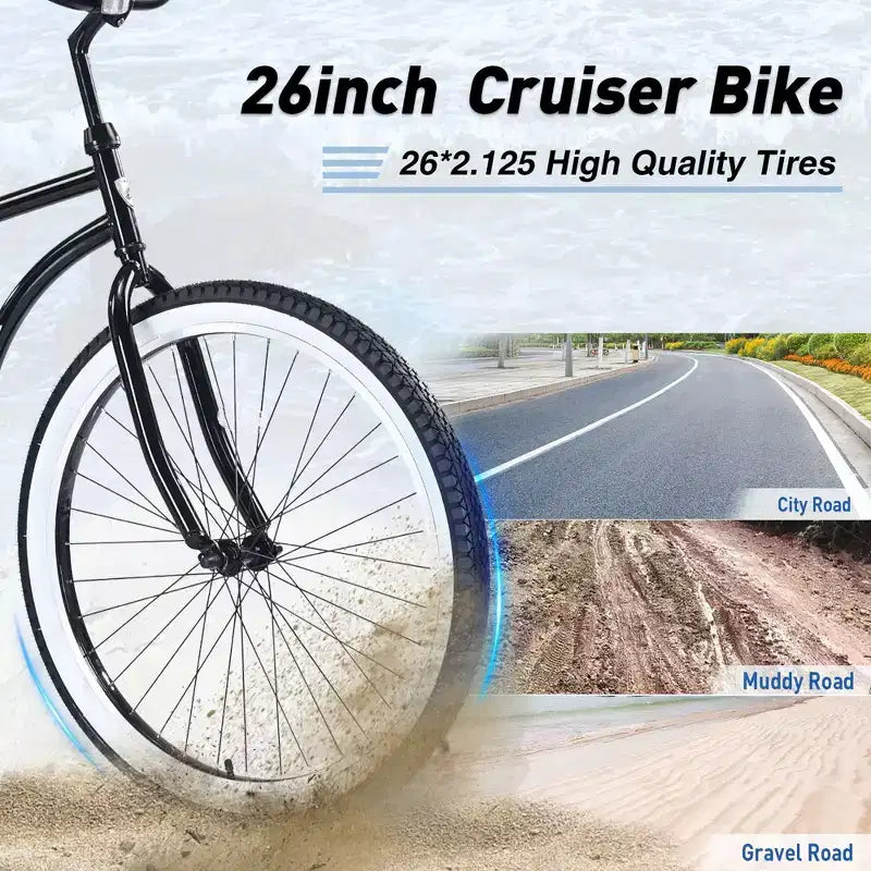 Okak 26IN Single Speed Cruiser Bikes with Steel Frame, Adult Bike with Wide Wheels and Rear Coaster Brakes, Bicycle for Mens and Women