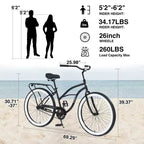 Okak 26IN Single Speed Cruiser Bikes with Steel Frame, Adult Bike with Wide Wheels and Rear Coaster Brakes, Bicycle for Mens and Women