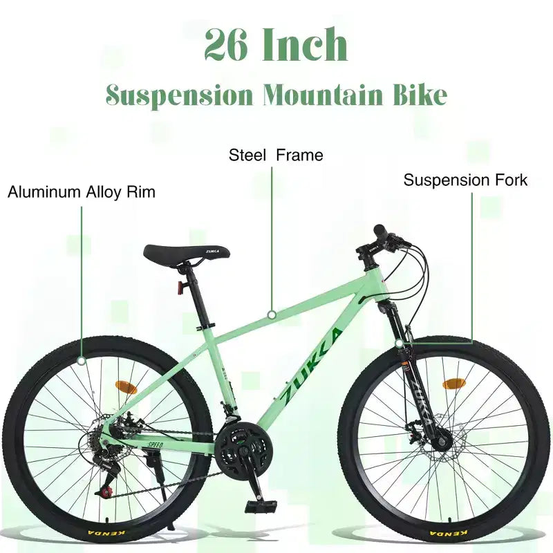 Okak 26IN Adult Bike with 24 Speed and Suspension Fork, Mountain Bike with KENDA Tires and Disk Brake, Fat Tire Bike for Men and Women