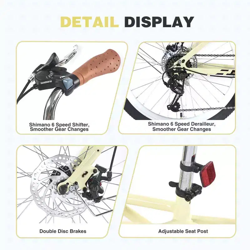 Okak 24IN Cruiser Bikes with Large Basket, 6 Speed Adult Bike with Steel Frame and Disk Brake, Commuter Bike for Men and Women
