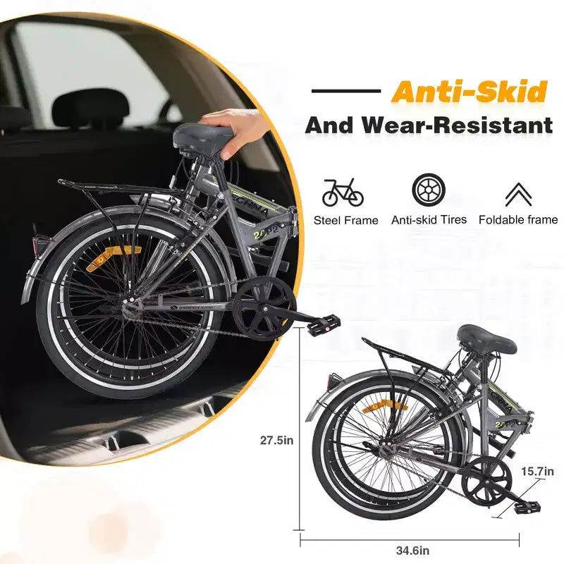 Okak 24IN Folding Bike with Fenders and Dual V-Brake, City Commuter Bicycle with Steel Frame and Shelf, Cruiser Bikes for Men and Women