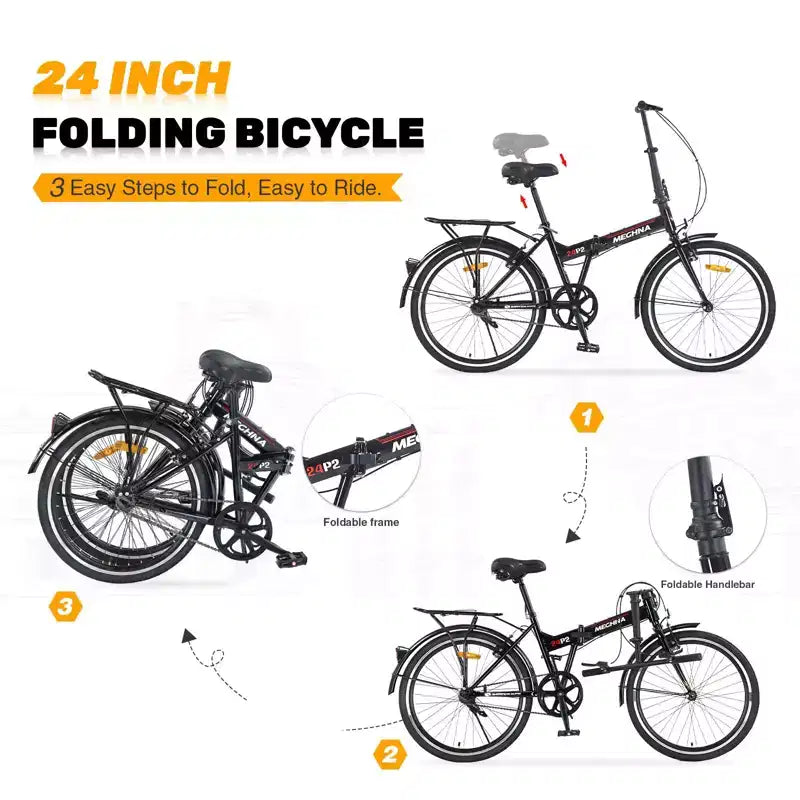 Okak 24IN Folding Bike with Fenders and Dual V-Brake, City Commuter Bicycle with Steel Frame and Shelf, Cruiser Bikes for Men and Women