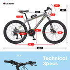 Okak 24IN Mountain Bike with Daul Disc Brakes and Front Suspension, Kids Bike with 21 Speed and Steel Frame, Bicycle for Boys, Girls