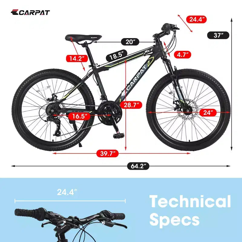 Okak 24IN Mountain Bike with Daul Disc Brakes and Front Suspension, Kids Bike with 21 Speed and Steel Frame, Bicycle for Boys, Girls