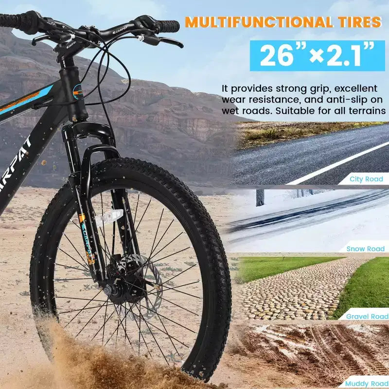 Okak 26IN Mountain Bike with 21 Speeds and Mechanical Disc Brakes, Adult Bike with High-Carbon Steel Frame, Dirt Bike for Kids & Adults
