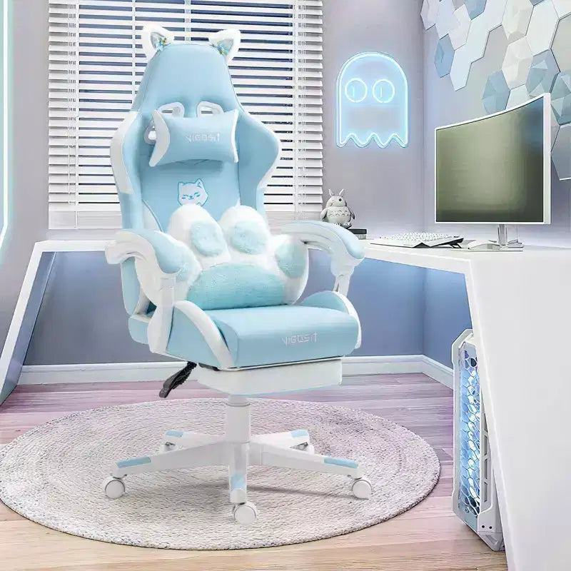 Okak Modern Cute Cat Swivel Gaming Chair with Paw Lumbar Cushion,High Ergonomic Task Chair Computer Chair for Adults