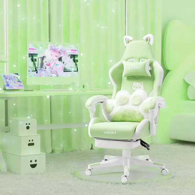 Okak Modern Cute Cat Swivel Gaming Chair with Paw Lumbar Cushion,High Ergonomic Task Chair Computer Chair for Adults