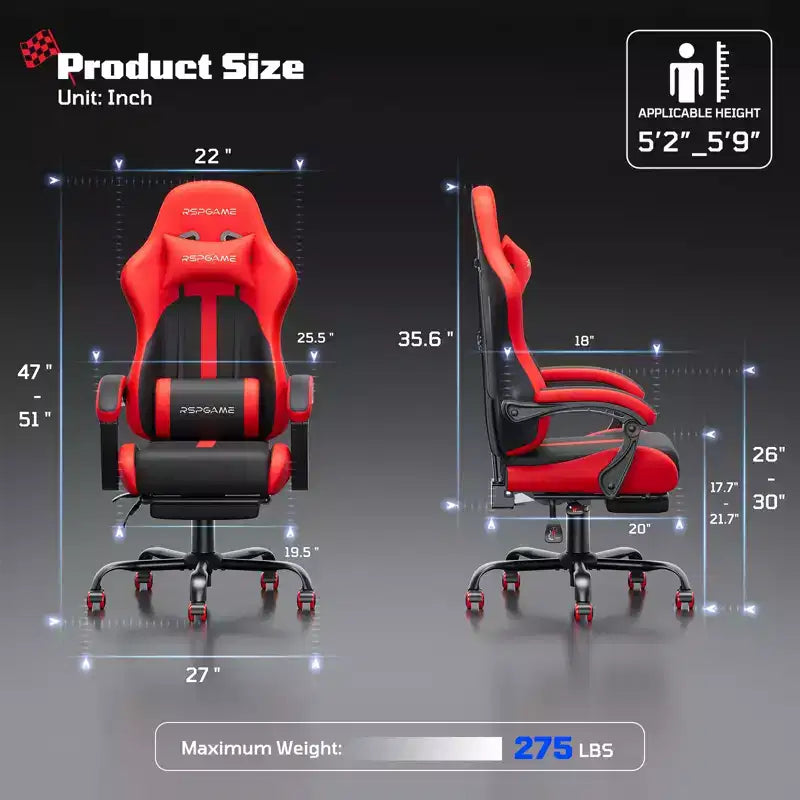 RSPGAME Basic Ergonomic Gaming Chair for Adults, PU Leather Office Chairs with Vibration Lumbar Support and Retractable Footrest, Home Computer Chairs