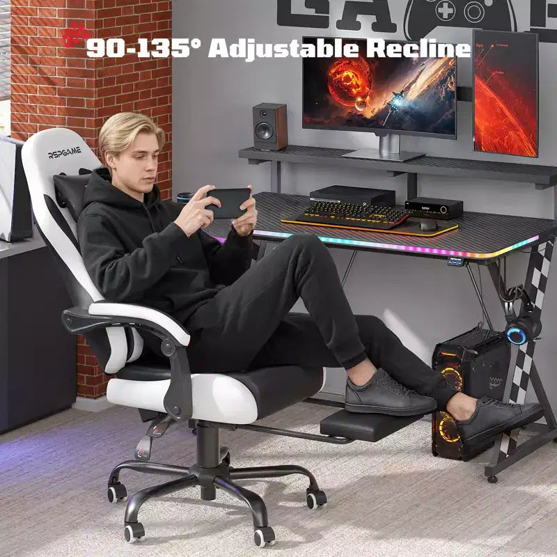 RSPGAME Basic Ergonomic Gaming Chair for Adults, PU Leather Office Chairs with Vibration Lumbar Support and Retractable Footrest, Home Computer Chairs
