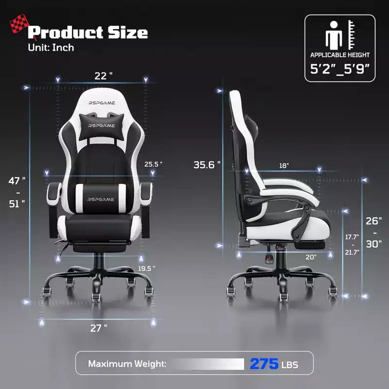 RSPGAME Basic Ergonomic Gaming Chair for Adults, PU Leather Office Chairs with Vibration Lumbar Support and Retractable Footrest, Home Computer Chairs