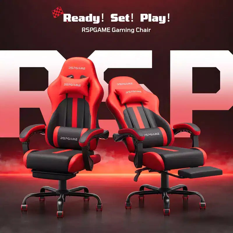 RSPGAME Basic Ergonomic Gaming Chairs for Adults, PU Leather Office Chairs with Lumbar Support, Pocket Spring Cushion and Retractable Footrest