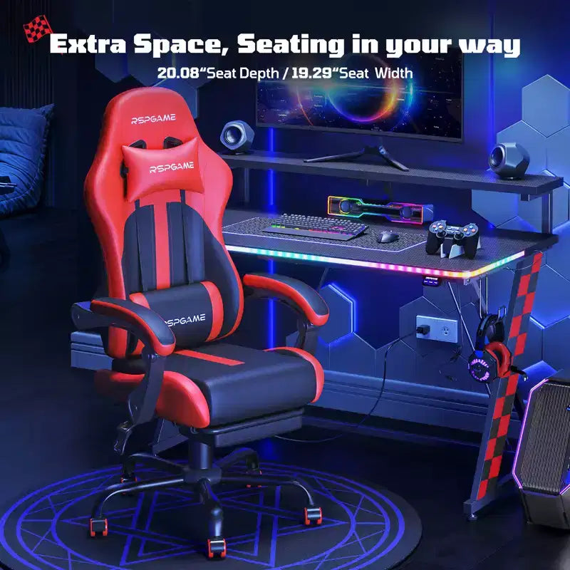 RSPGAME Basic Ergonomic Gaming Chairs for Adults, PU Leather Office Chairs with Lumbar Support, Pocket Spring Cushion and Retractable Footrest