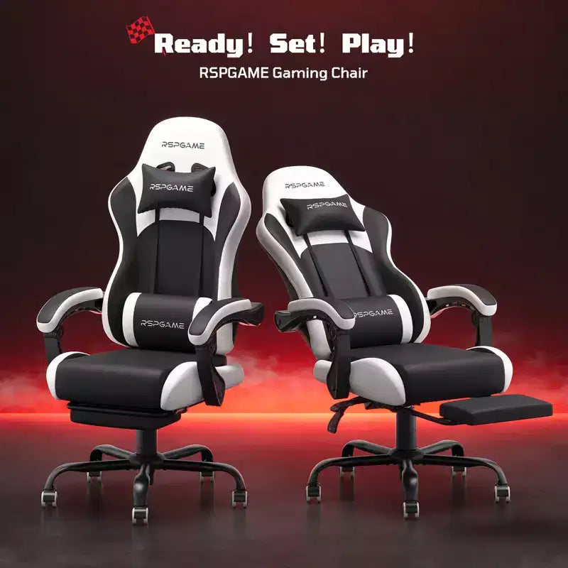 RSPGAME Basic Ergonomic Gaming Chairs for Adults, PU Leather Office Chairs with Lumbar Support, Pocket Spring Cushion and Retractable Footrest