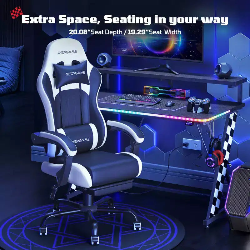 RSPGAME Basic Ergonomic Gaming Chairs for Adults, PU Leather Office Chairs with Lumbar Support, Pocket Spring Cushion and Retractable Footrest