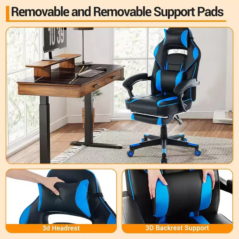 Ergonomic Gaming Chair, High-Back PU Computer Chair, Retractable Footrest, Height Adjustable, Adjustable Lumbar & Headrest, Swivel Office Chair