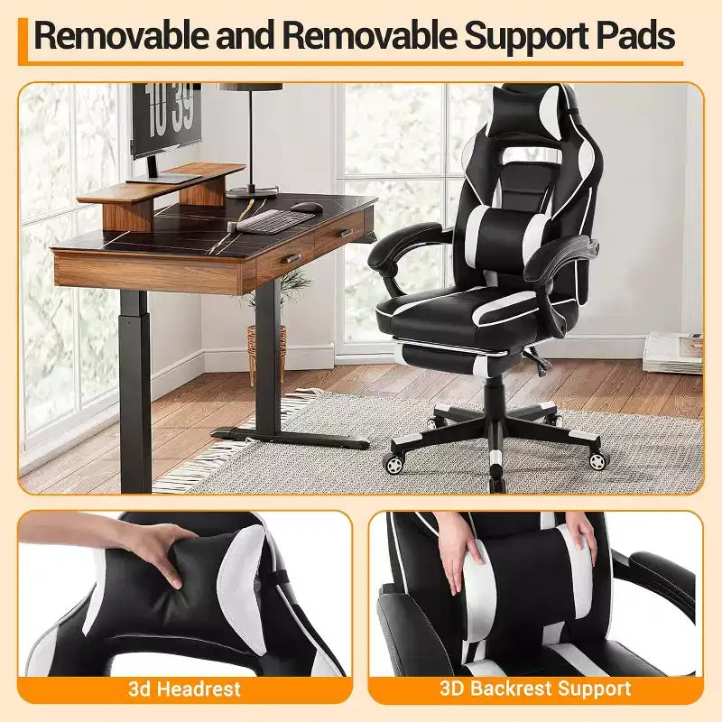 Ergonomic Gaming Chair, High-Back PU Computer Chair, Retractable Footrest, Height Adjustable, Adjustable Lumbar & Headrest, Swivel Office Chair