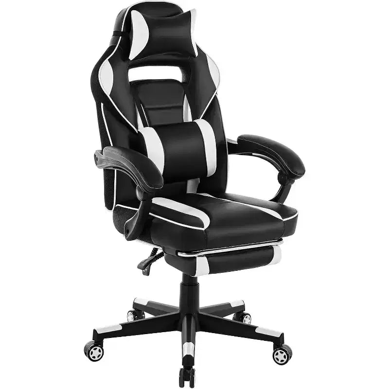 Ergonomic Gaming Chair, High-Back PU Computer Chair, Retractable Footrest, Height Adjustable, Adjustable Lumbar & Headrest, Swivel Office Chair