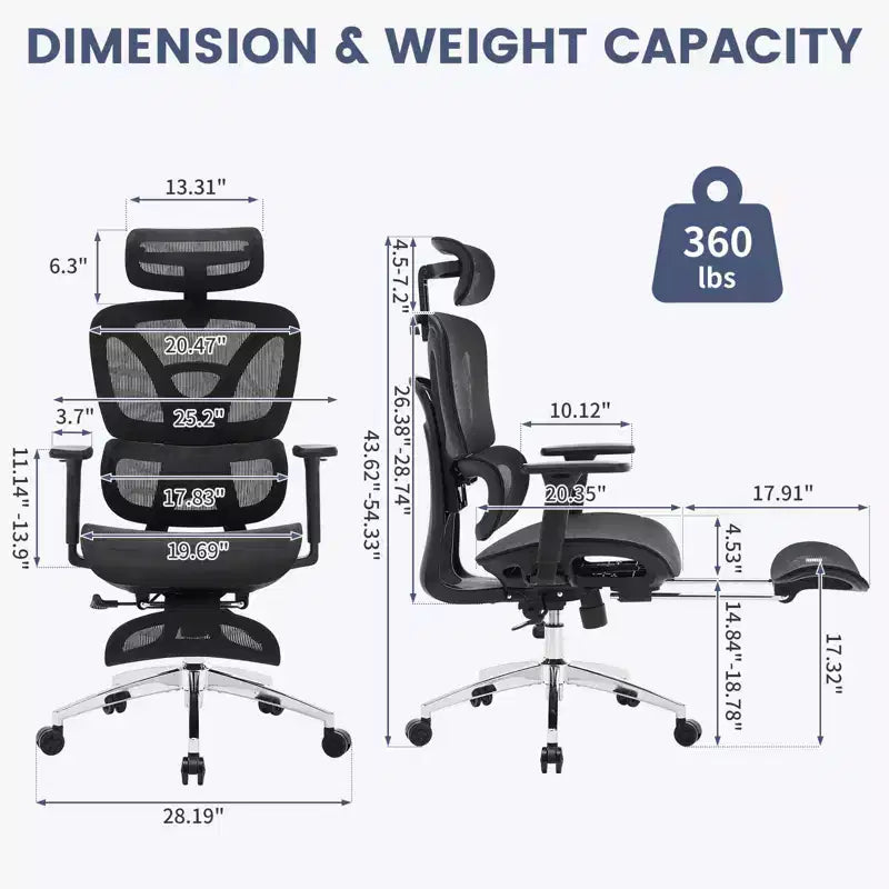 Ergonomic High Back Mesh Reclining Office Chair with Footrest, Dynamic Lumbar Support - Swivel Task Chair for Home & Gaming, Black