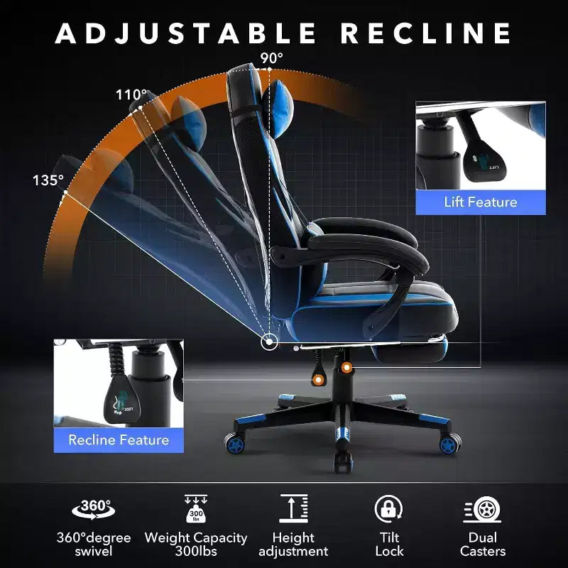 Acekool Ergonomic Gaming Chair for Adults, PU Leather, Massage Lumbar, Footrest, Adjustable, for Office or Gaming