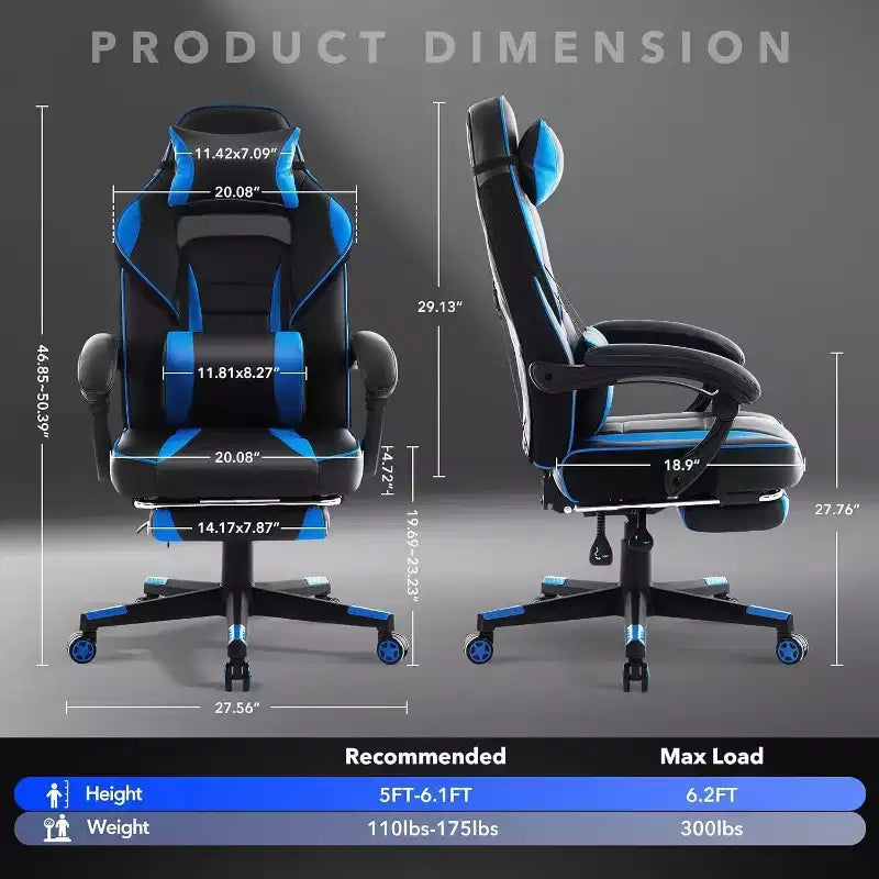 Acekool Ergonomic Gaming Chair for Adults, PU Leather, Massage Lumbar, Footrest, Adjustable, for Office or Gaming