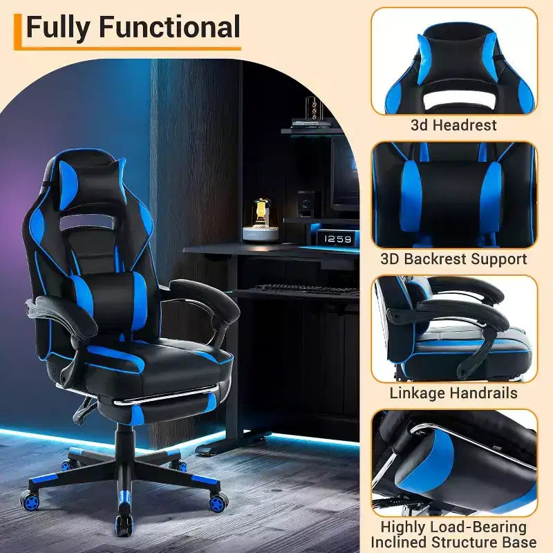 Acekool Ergonomic Gaming Chair for Adults, PU Leather, Massage Lumbar, Footrest, Adjustable, for Office or Gaming