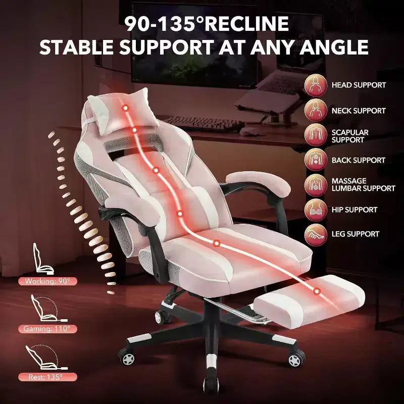 Acekool Ergonomic Gaming Chair for Adults, PU Leather, Massage Lumbar, Footrest, Adjustable, for Office or Gaming