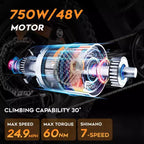 Eilleo 20 Fat Tire E-Bike  750W Motor (920W Peak), 24.9 mph, 5070 Mile Range, 48V 15.6Ah Battery, Dual Suspension, Shimano 7-Speed