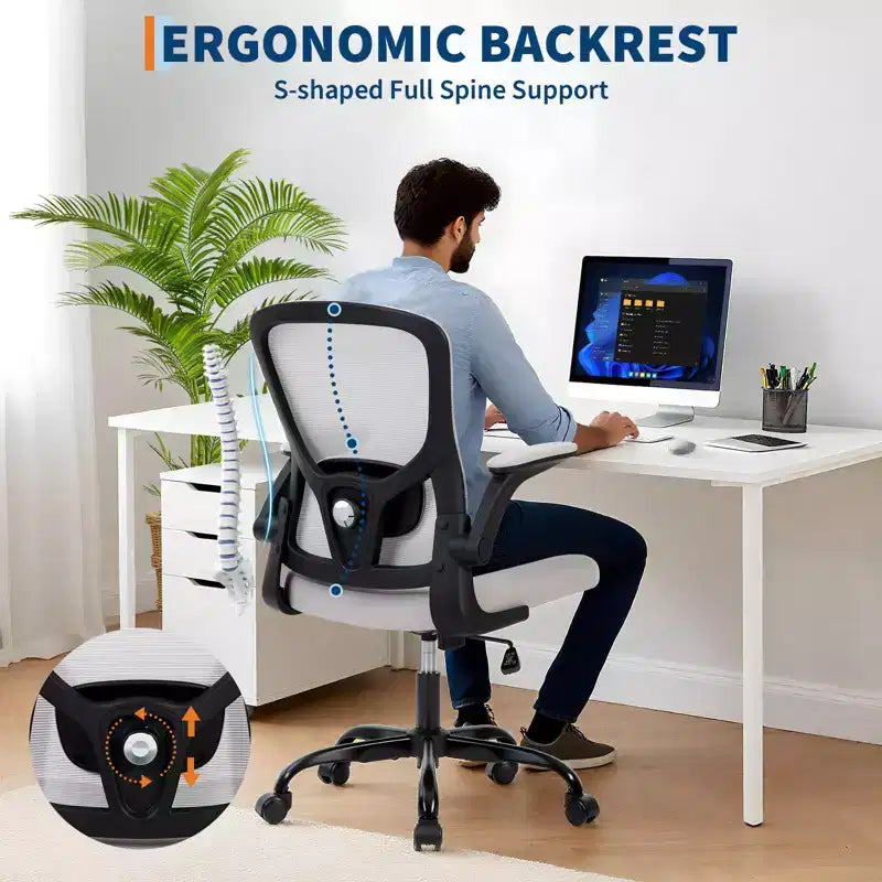 Premium Ergonomic High-Grey Mesh Office Chair - Adjustable Height, Flip-Up Armrests & Lumbar Support - Comfy Swivel Seat for Home, Gaming & Work
