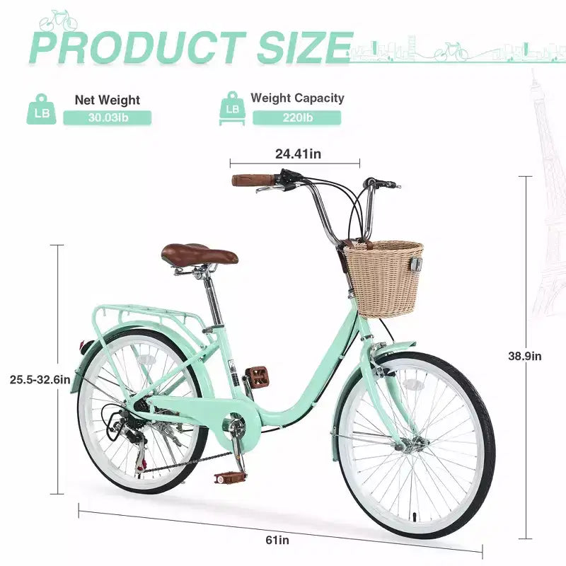 22 Road Bike, 13 Steel Frame, 7-Speed City Cruiser with Dual Brakes & Basket, Commuter Bike for Men & Women Outdoor Cycling