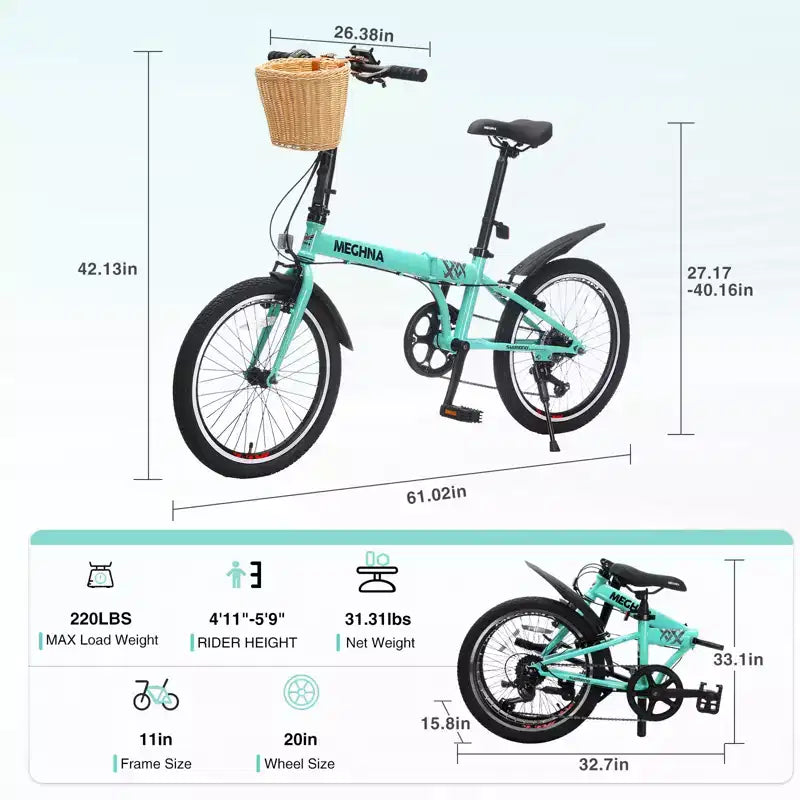 20 Inch Folding Bike for Adults with Basket, Phone Holder & Fenders, Steel Frame 6-Speed City Commuter, Dual V-Brake Portable Compact Bicycle