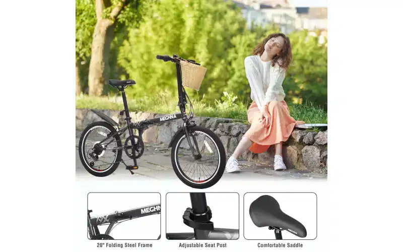 20 Inch Folding Bike for Adults with Basket, Phone Holder & Fenders, Steel Frame 6-Speed City Commuter, Dual V-Brake Portable Compact Bicycle