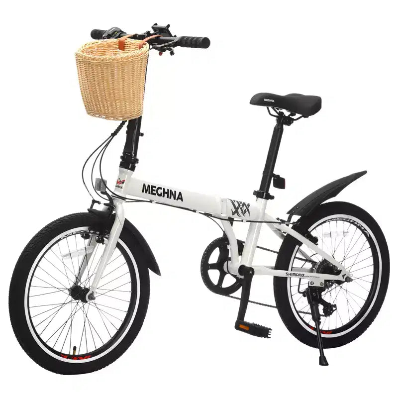 20 Inch Folding Bike for Adults with Basket, Phone Holder & Fenders, Steel Frame 6-Speed City Commuter, Dual V-Brake Portable Compact Bicycle