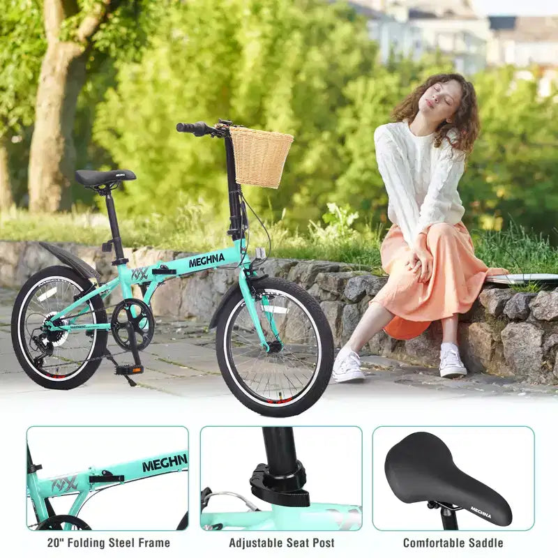 20 Inch Folding Bike for Adults with Basket, Phone Holder & Fenders, Steel Frame 6-Speed City Commuter, Dual V-Brake Portable Compact Bicycle