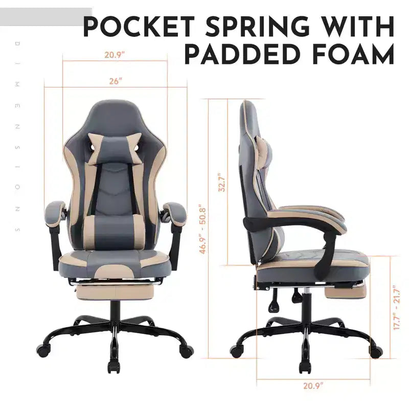 MAYEERTY Gaming Chair, Ergonomic Computer Chair with Footrest and Massage Lumbar Support, Height Adjustable Swivel Video Game Chair Blue Beige