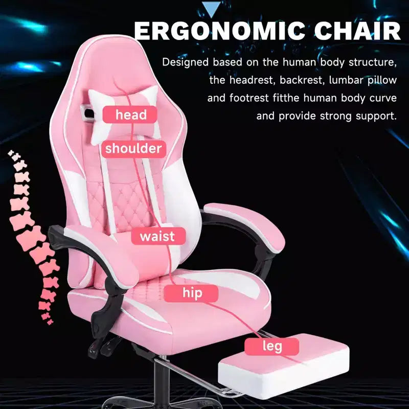 MAYEERTY Ergonomic Video Gamer Chairs, Computer Gaming Chairs with Massage Lumbar Support and Footrest Pink White