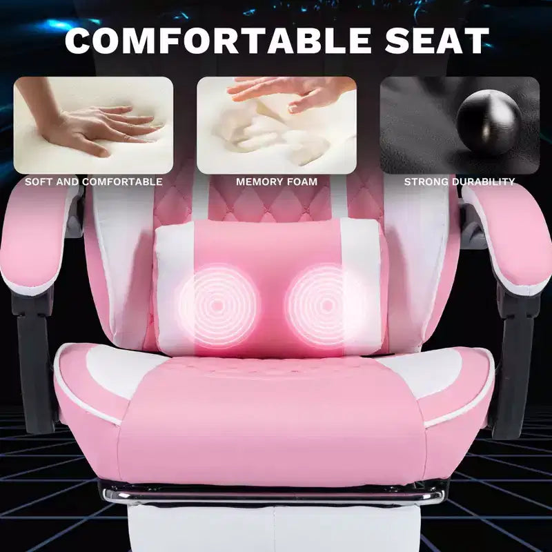 MAYEERTY Ergonomic Video Gamer Chairs, Computer Gaming Chairs with Massage Lumbar Support and Footrest Pink White