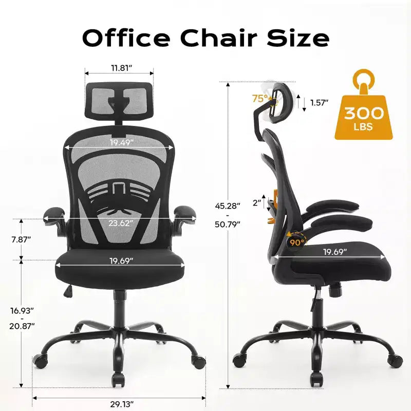 Ergonomic Office Chair  Flip-Up Armrests & Lumbar Support  Wide Seat Gaming Chair for Study/Bedroom/Home Office