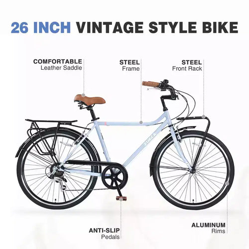 24/26 Inch Vintage Cruiser Bike for Men & Women, Single/7 Speed City Commuter Bike with Rear Rack, Multiple Colors