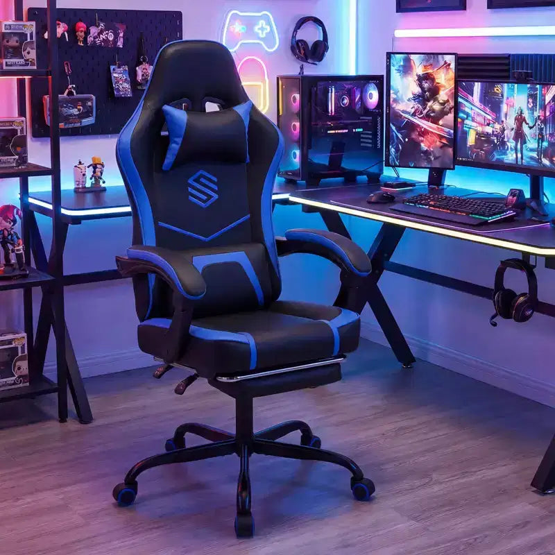 Costway Gaming Chair with Headrest, Lumbar Support, Linkage Armrests, Reclining Backrest Black & White/Navy Blue & Black
