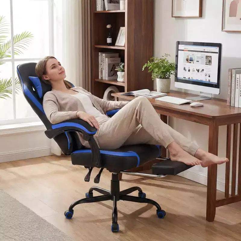 Costway Gaming Chair with Headrest, Lumbar Support, Linkage Armrests, Reclining Backrest Black & White/Navy Blue & Black