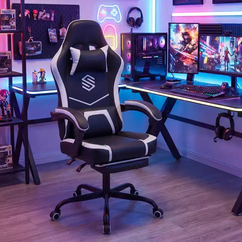 Costway Gaming Chair with Headrest, Lumbar Support, Linkage Armrests, Reclining Backrest Black & White/Navy Blue & Black