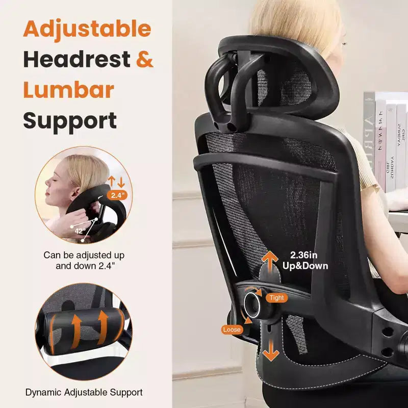 TUYOHW High-Back Ergonomic Office Chair with Adjustable Lumbar Support, Gaming Chair with Flip Up Arms, Mesh Computer Chair for Home, Office