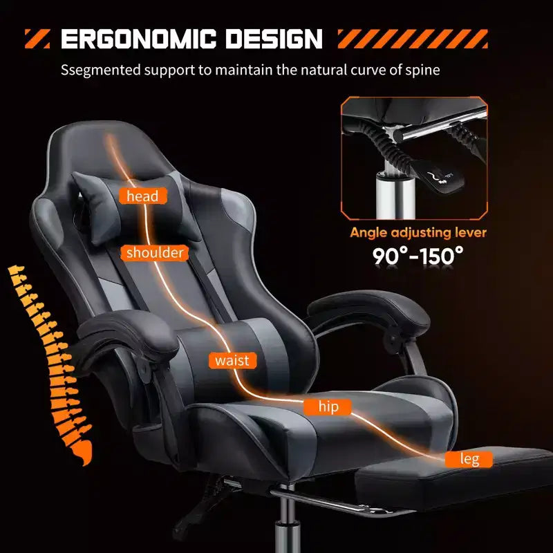 TUYOHW Ergonomic Gaming Chair with Footrest, PU Leather Recliner with Headrest and Fixed Up Armrest, Computer Chair for Study, Office