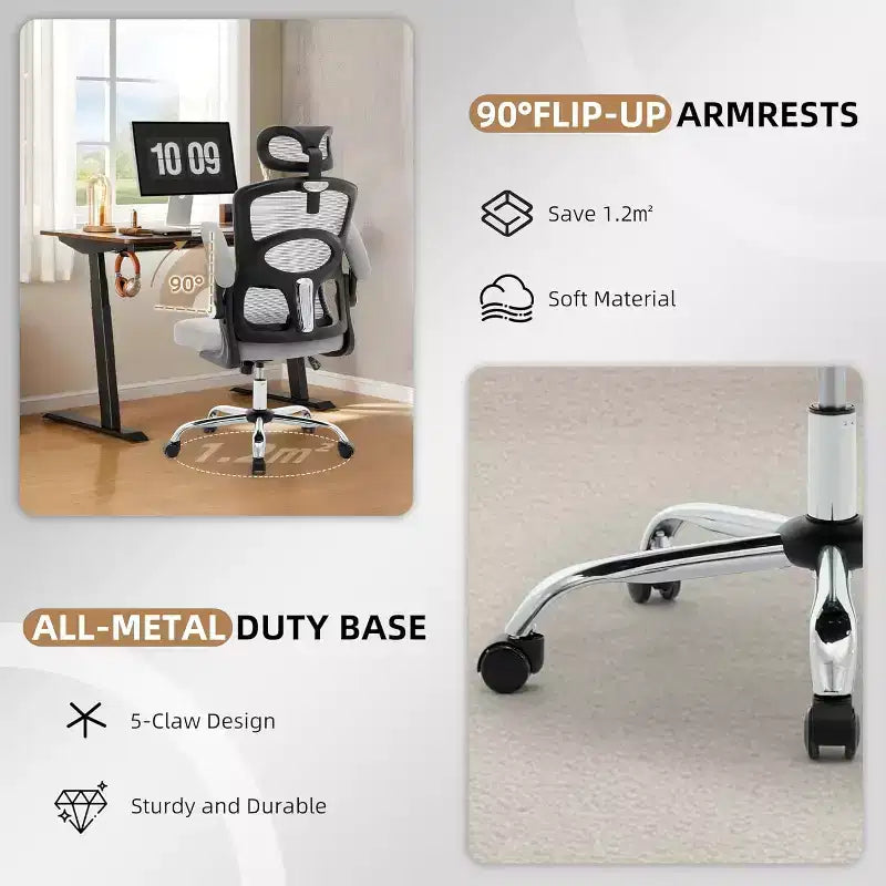COZONY Ergonomic Desk Chair - Home Mesh Office Desk Chair with Wheels, High-Back Computer Gaming Chair with Adjustable Headrest for Home, Office, Gray