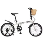 NAYSAYE 20 Inch Folding Bike for Adults with Basket Phone Holder Fenders 6 Speed Steel Frame Dual V Brakes for Men and Women, White, 61*26.38*42.13
