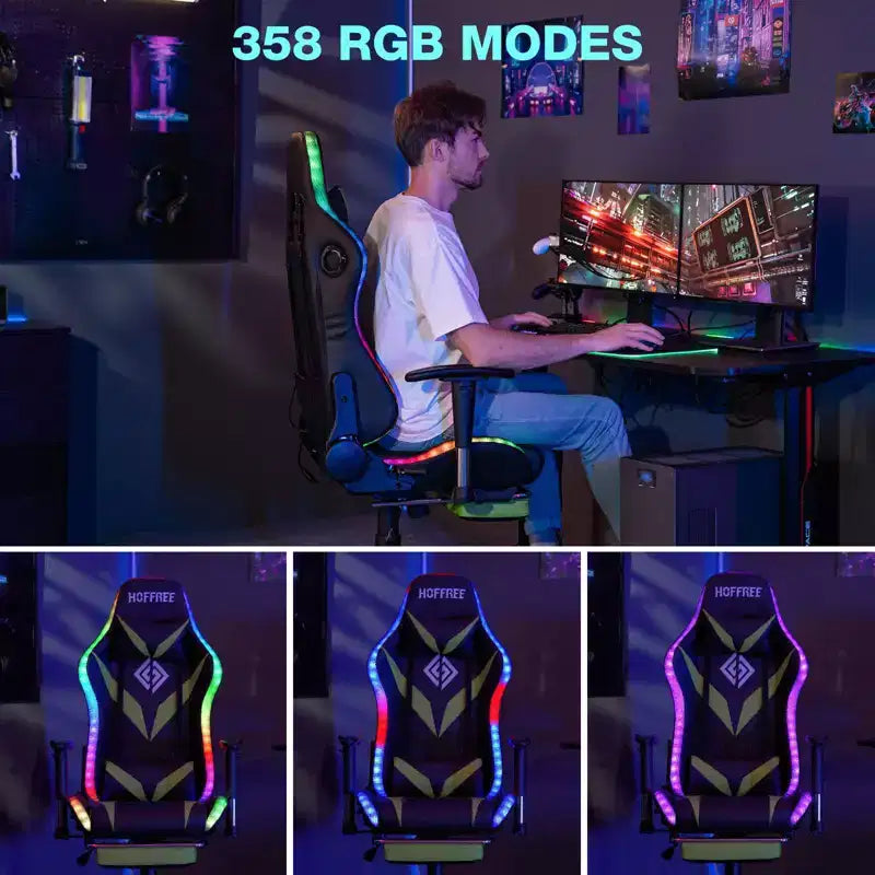 Hoffree Massage Reclining Gaming Chair Ergonomic Office PC Chair with Bluetooth Speaker & RGB Light