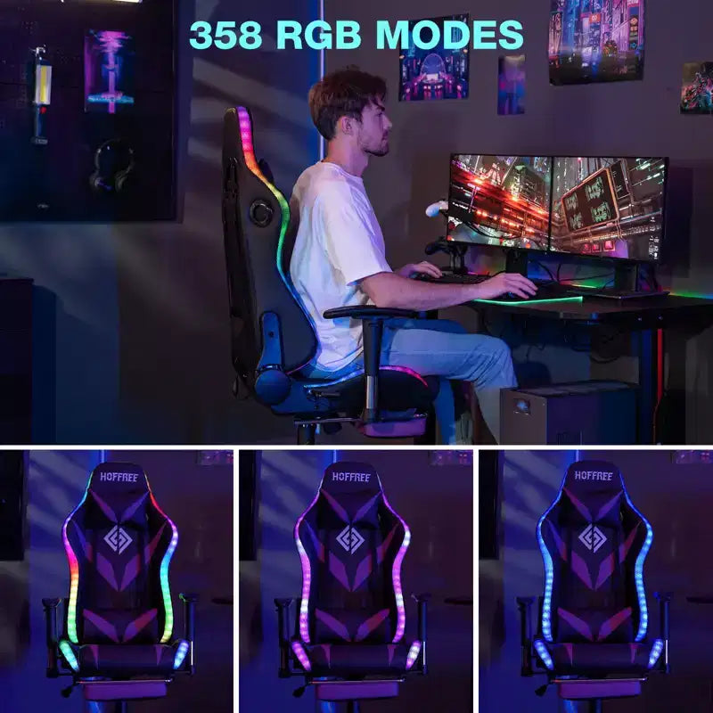 Hoffree Massage Reclining Gaming Chair Ergonomic Office PC Chair with Bluetooth Speaker & RGB Light