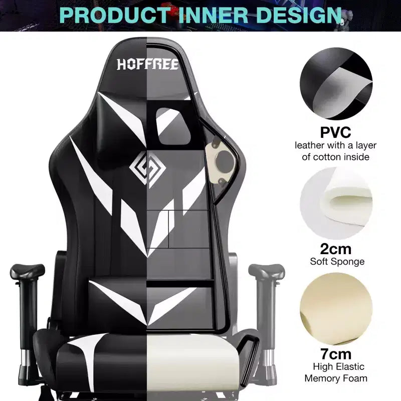 Hoffree Massage Reclining Gaming Chair Ergonomic Office PC Chair with Bluetooth Speaker & RGB Light