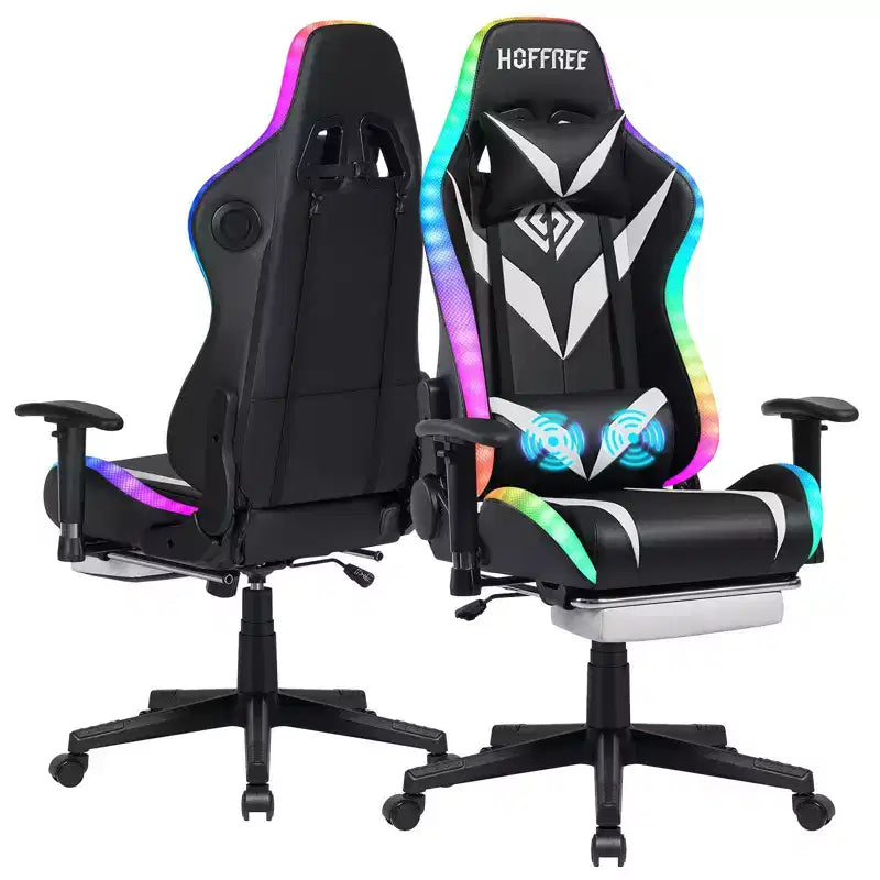 Hoffree Massage Reclining Gaming Chair Ergonomic Office PC Chair with Bluetooth Speaker & RGB Light