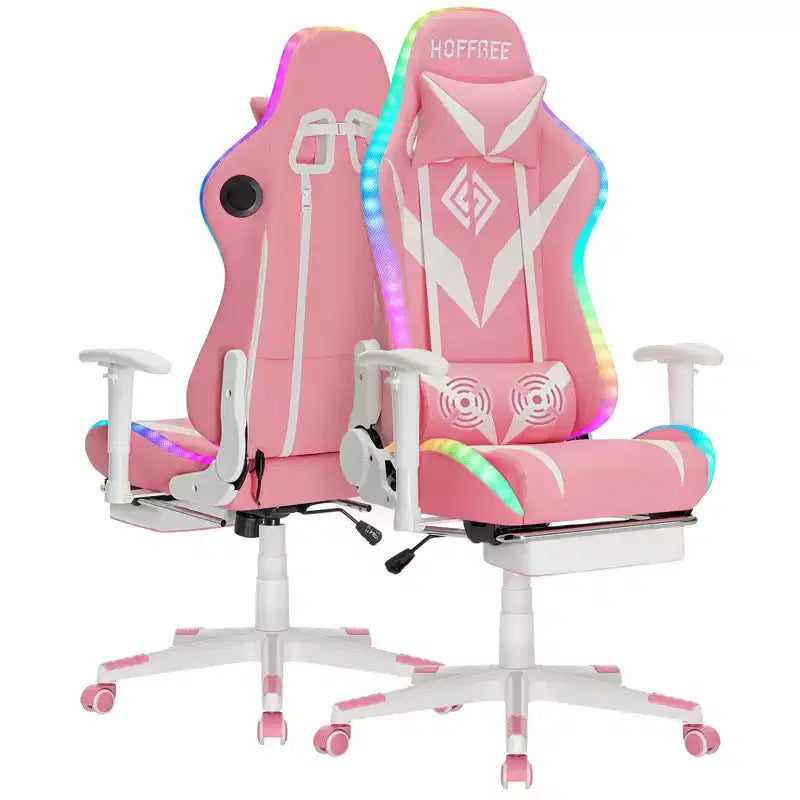 Hoffree Massage Reclining Gaming Chair Ergonomic Office PC Chair with Bluetooth Speaker & RGB Light